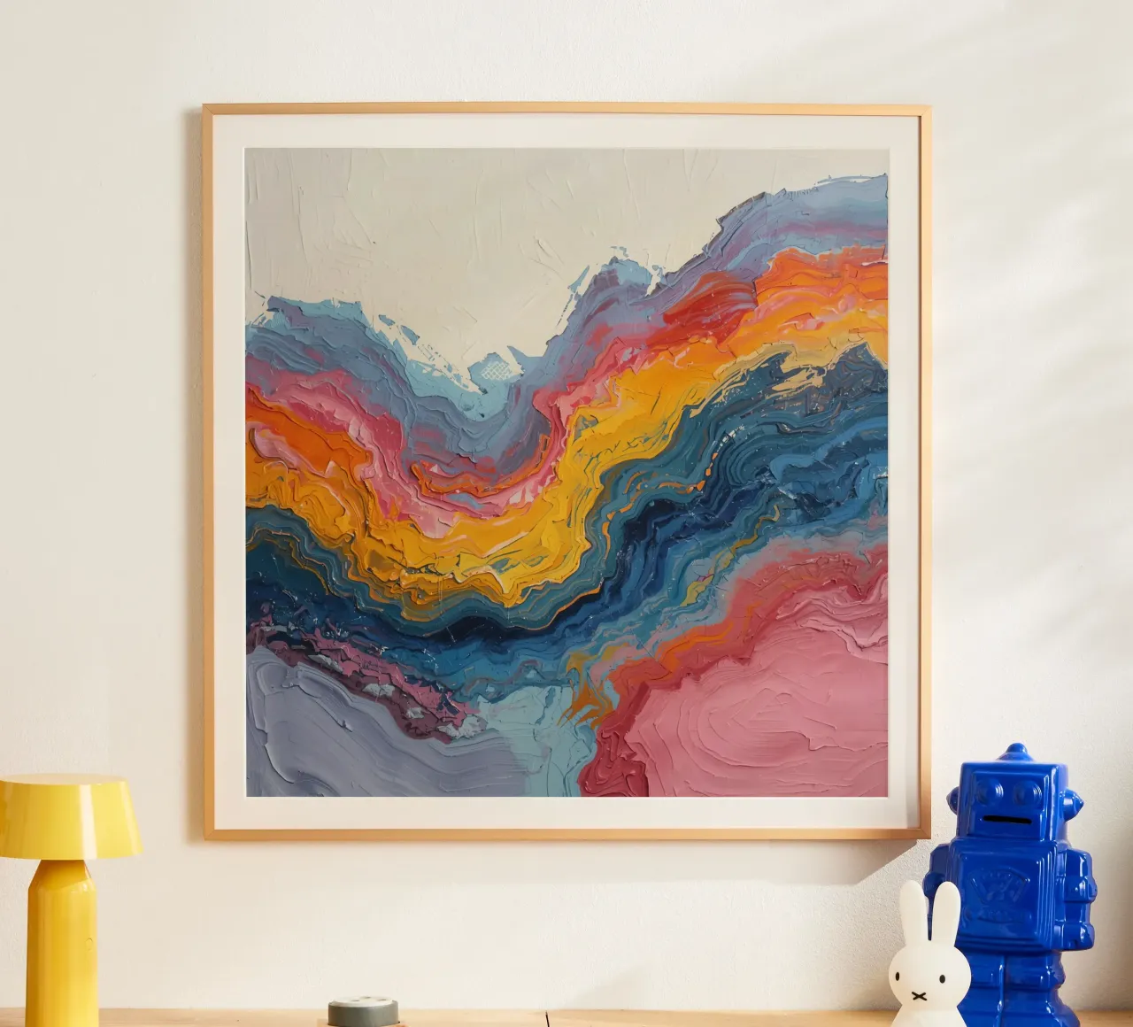 Pittura astratta ad impasto con bande colorate testurizzate poster con telaio in alluminio da DesignDoodle