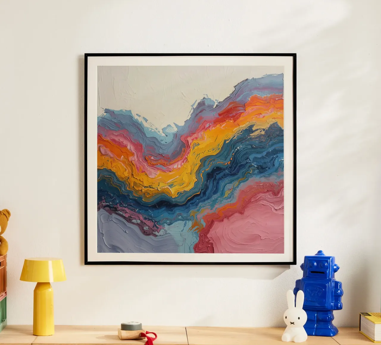 Pittura astratta ad impasto con bande colorate testurizzate poster con telaio in alluminio da DesignDoodle