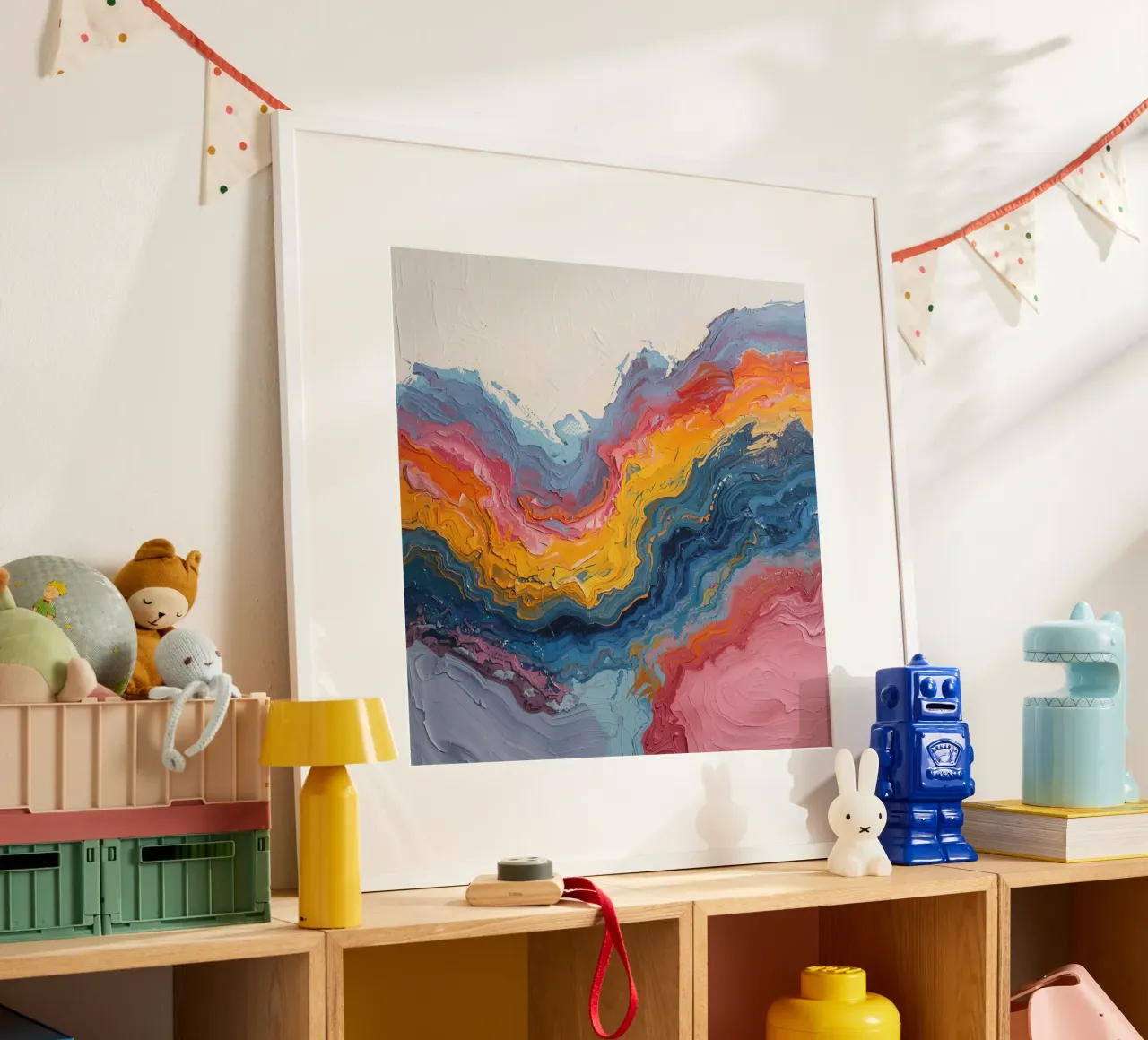 Pittura astratta ad impasto con bande colorate testurizzate poster con telaio in alluminio da DesignDoodle