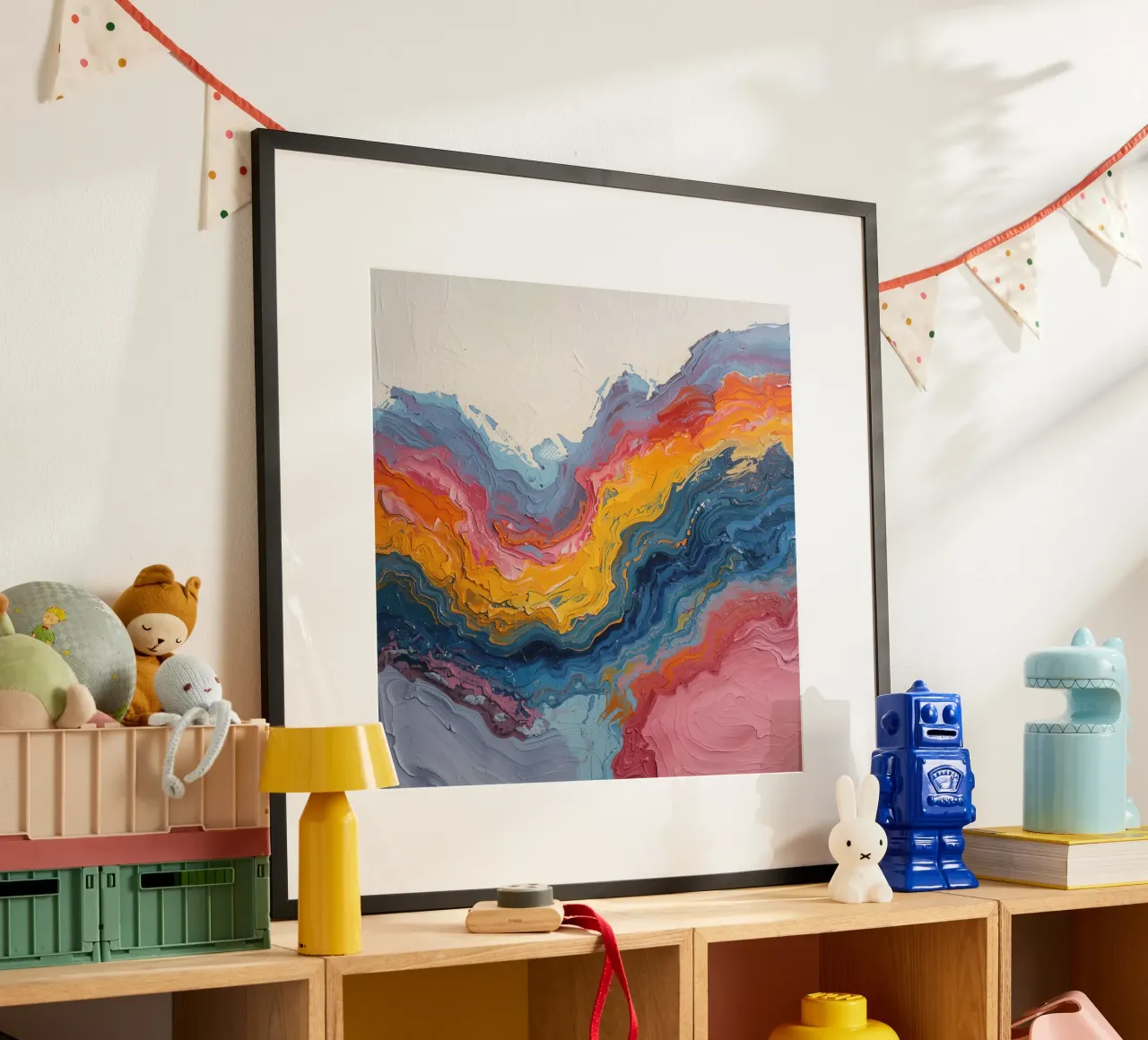 Pittura astratta ad impasto con bande colorate testurizzate poster con telaio in alluminio da DesignDoodle