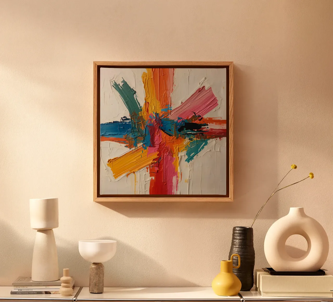 Pittura astratta con pennellate colorate che si intersecano tela con Cornice a cassetta da DesignDoodle