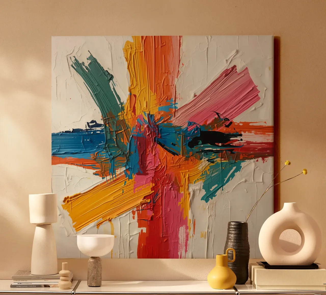 Pittura astratta con pennellate colorate che si intersecano tela con Cornice a cassetta da DesignDoodle