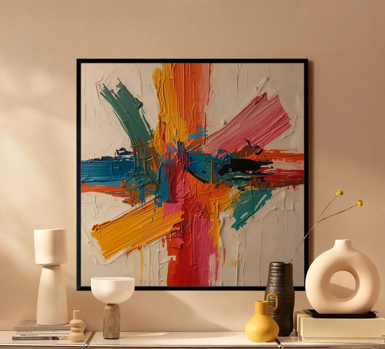 Pittura astratta con pennellate colorate che si intersecano poster con telaio in alluminio da DesignDoodle