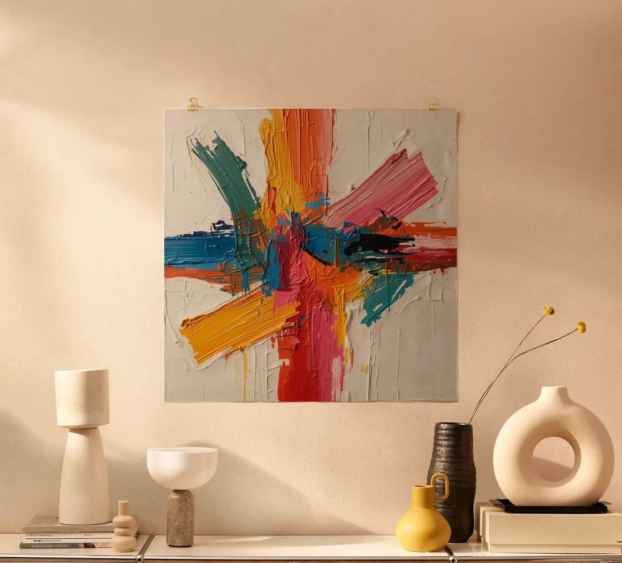 Pittura astratta con pennellate colorate che si intersecano poster con telaio in alluminio da DesignDoodle