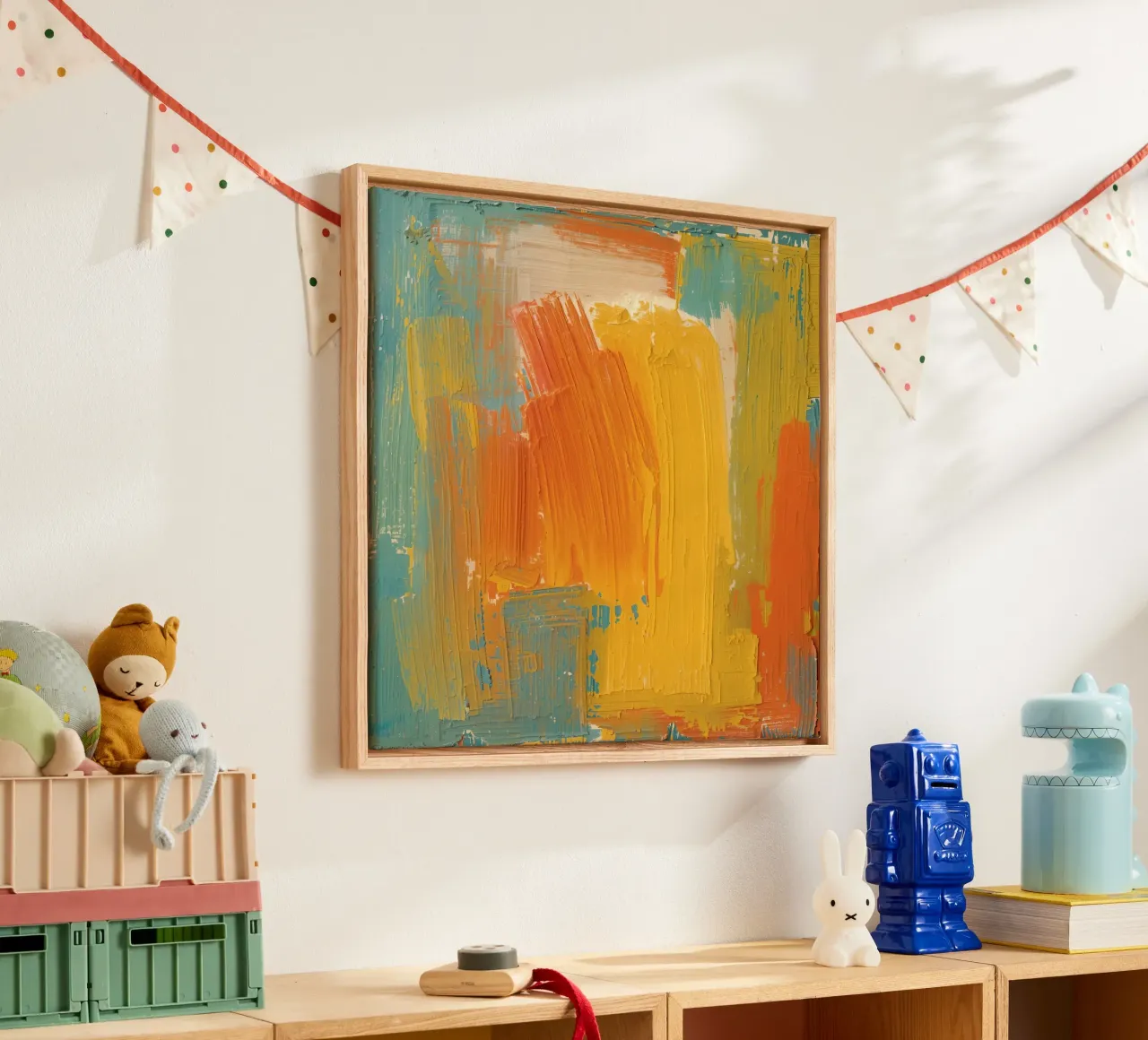 Abstract schilderij met groen oranje geel en wit penseel canvas met Baklijst van DesignDoodle
