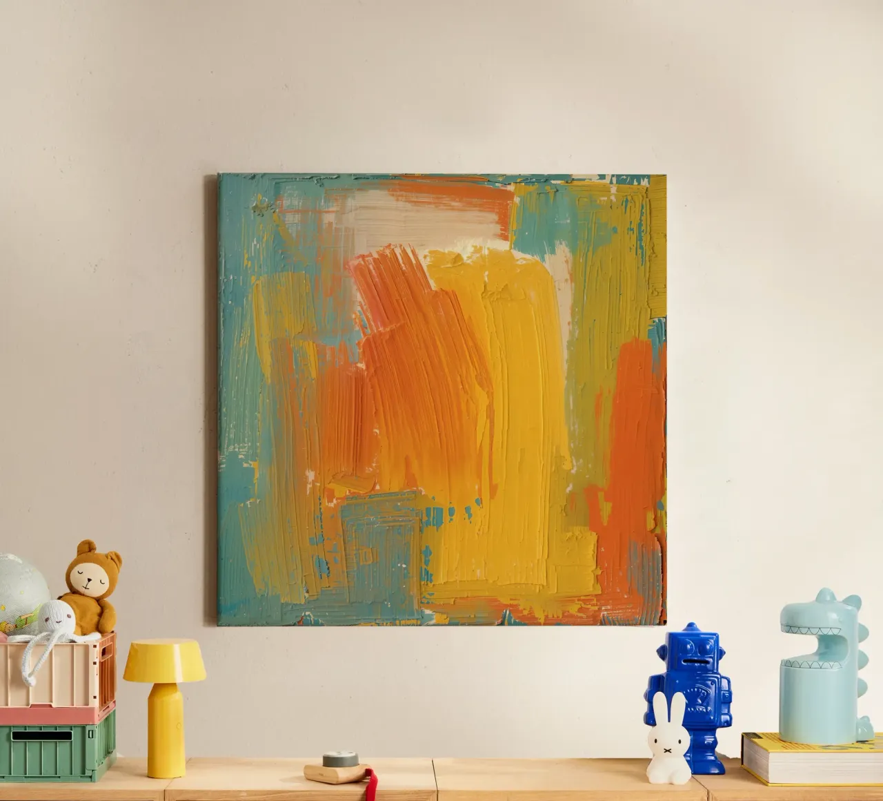 Abstract schilderij met groen oranje geel en wit penseel canvas met Baklijst van DesignDoodle