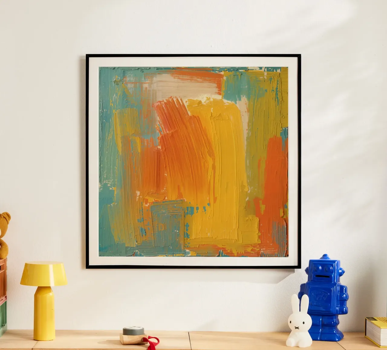 Pittura astratta con pennello giallo arancio verde e bianco poster con telaio in alluminio da DesignDoodle