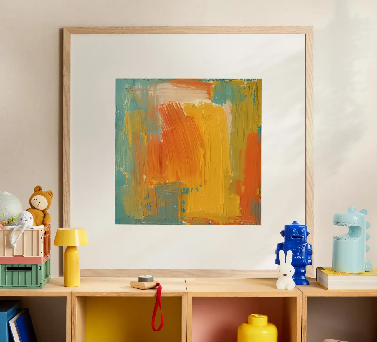 Pittura astratta con pennello giallo arancio verde e bianco poster con telaio in alluminio da DesignDoodle