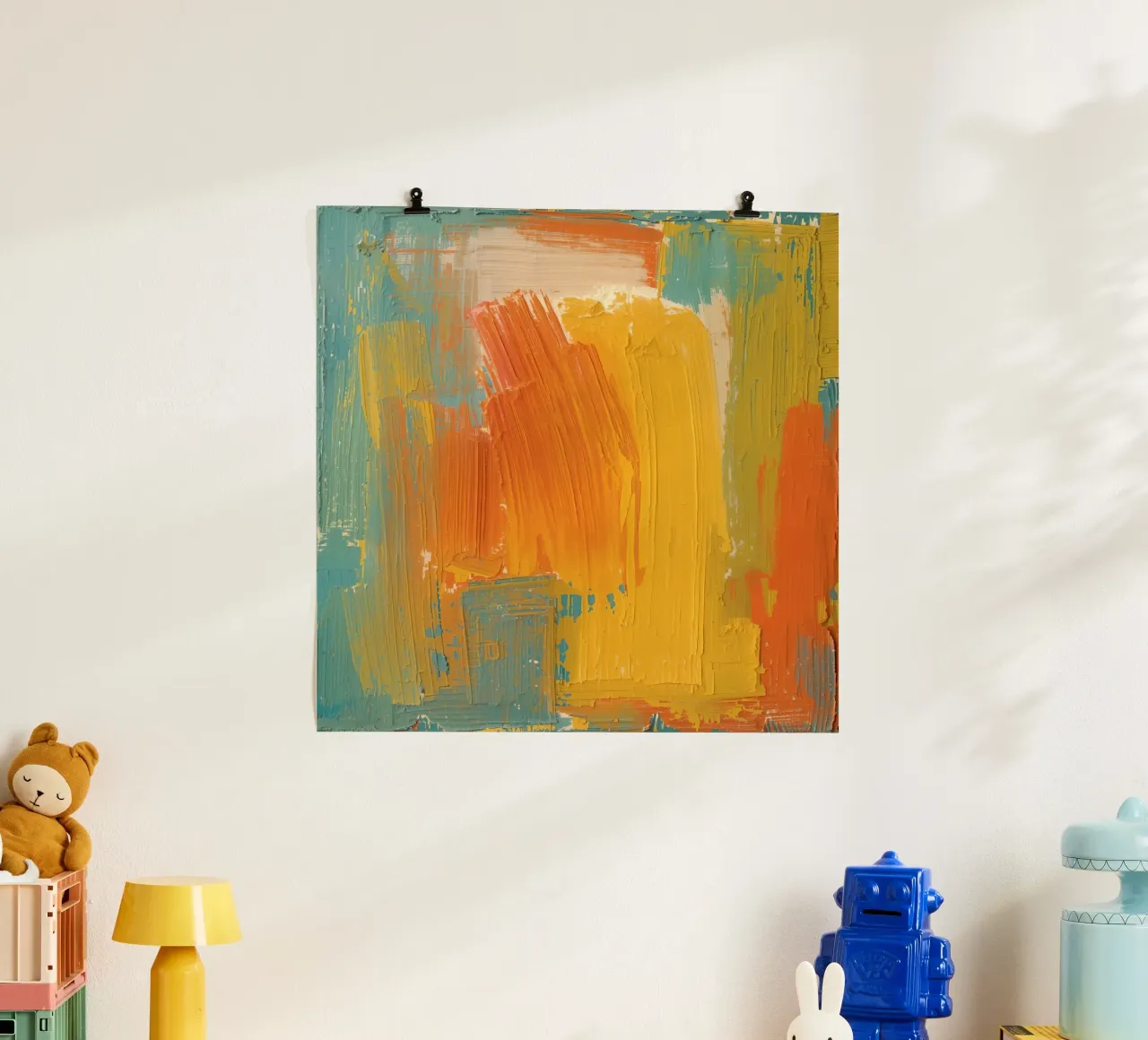 Pittura astratta con pennello giallo arancio verde e bianco poster con telaio in alluminio da DesignDoodle