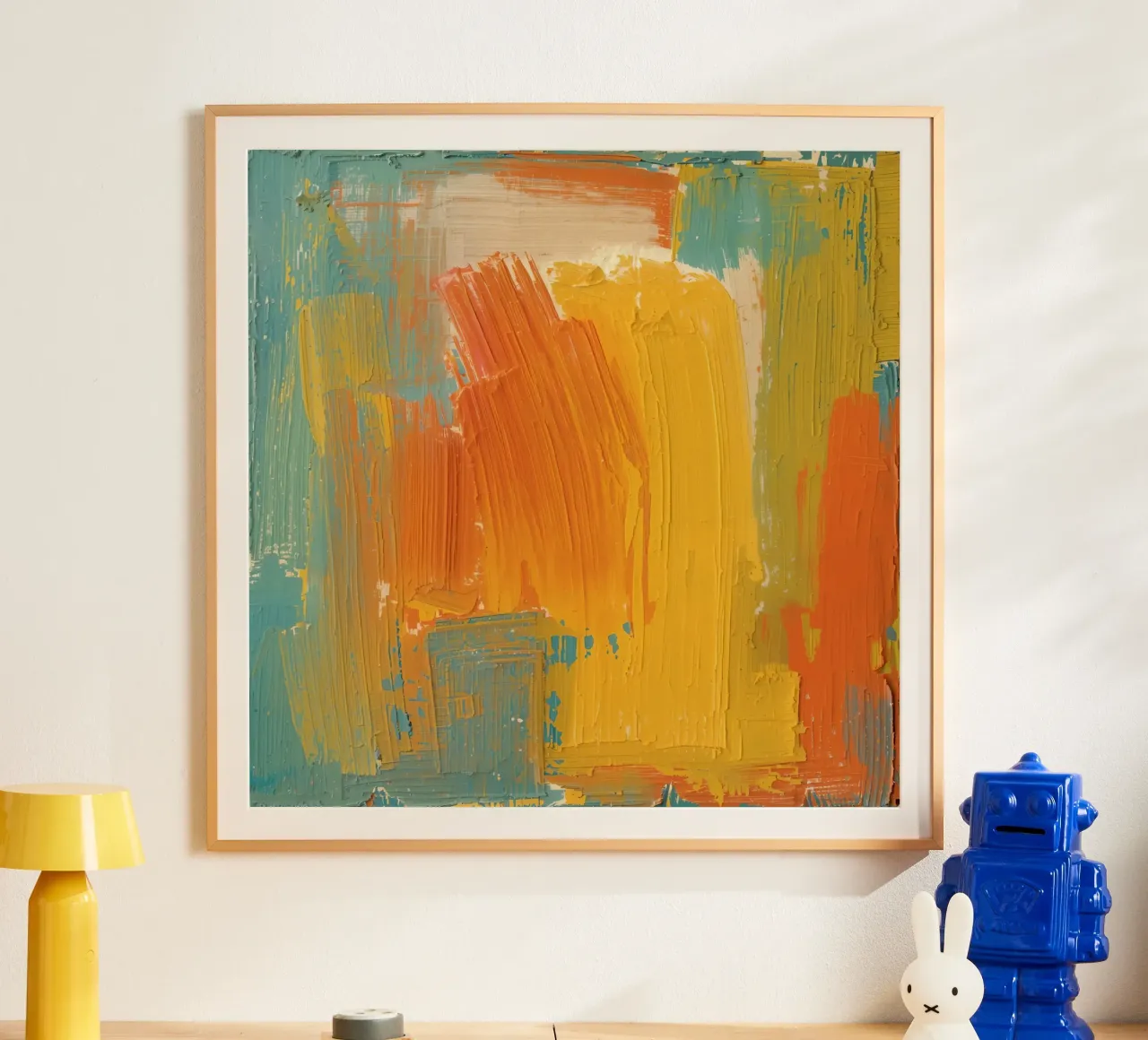 Pittura astratta con pennello giallo arancio verde e bianco poster con telaio in alluminio da DesignDoodle