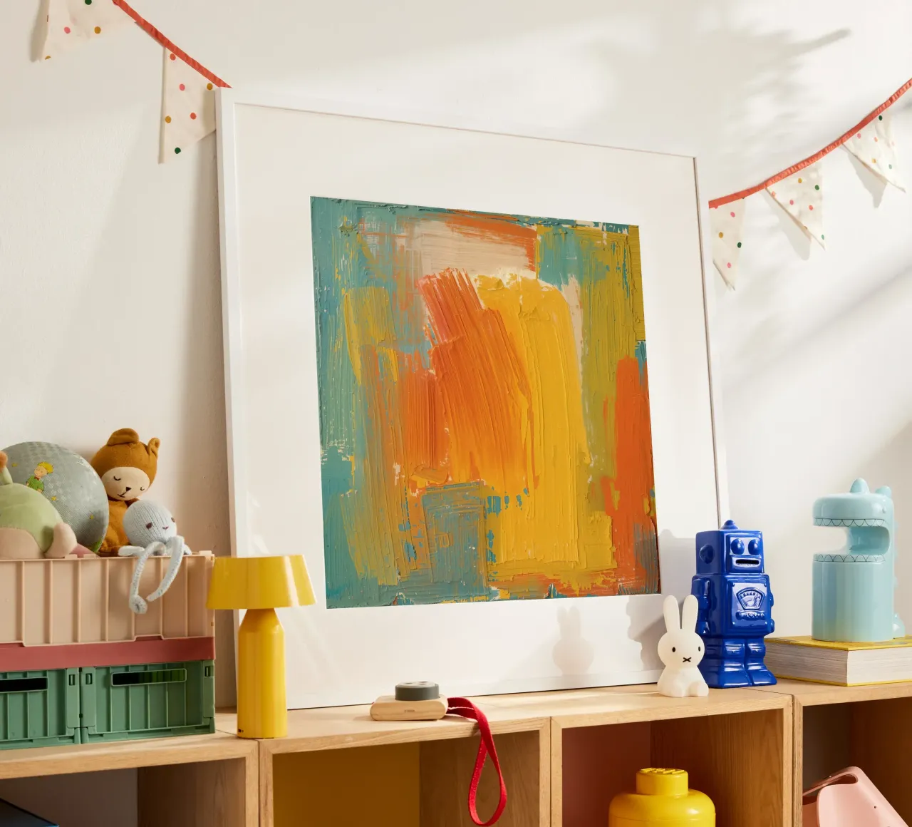 Pittura astratta con pennello giallo arancio verde e bianco poster con telaio in alluminio da DesignDoodle