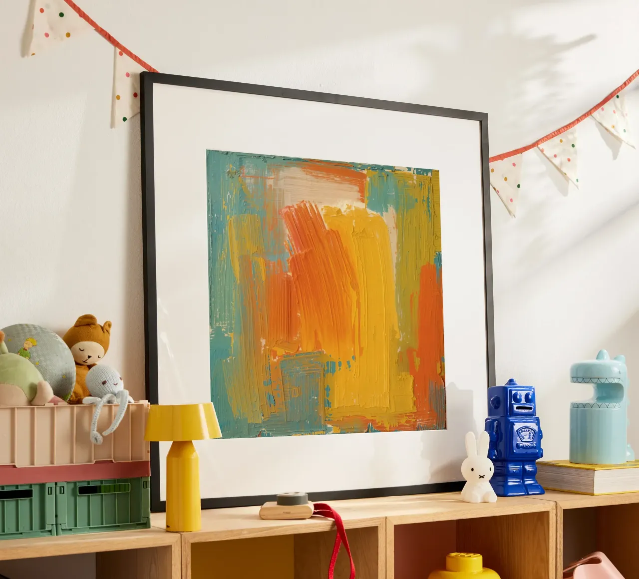 Pittura astratta con pennello giallo arancio verde e bianco poster con telaio in alluminio da DesignDoodle