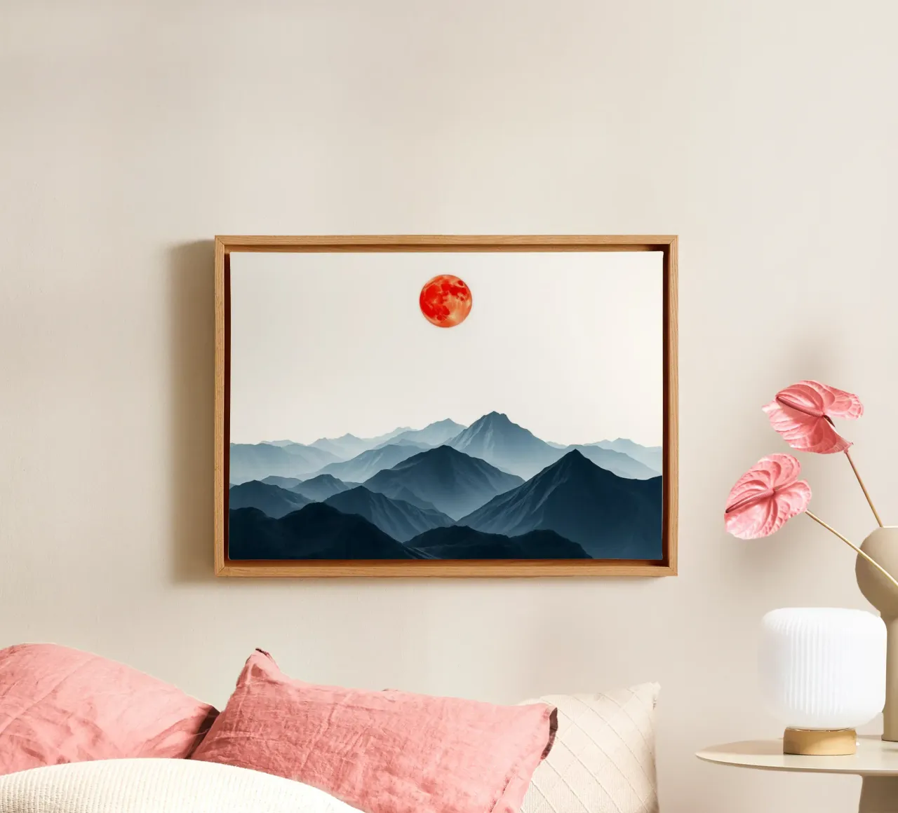 crimson moon, red moon, indigo mountains, mystical landscape canvas with Floater frame by Artistic-shop