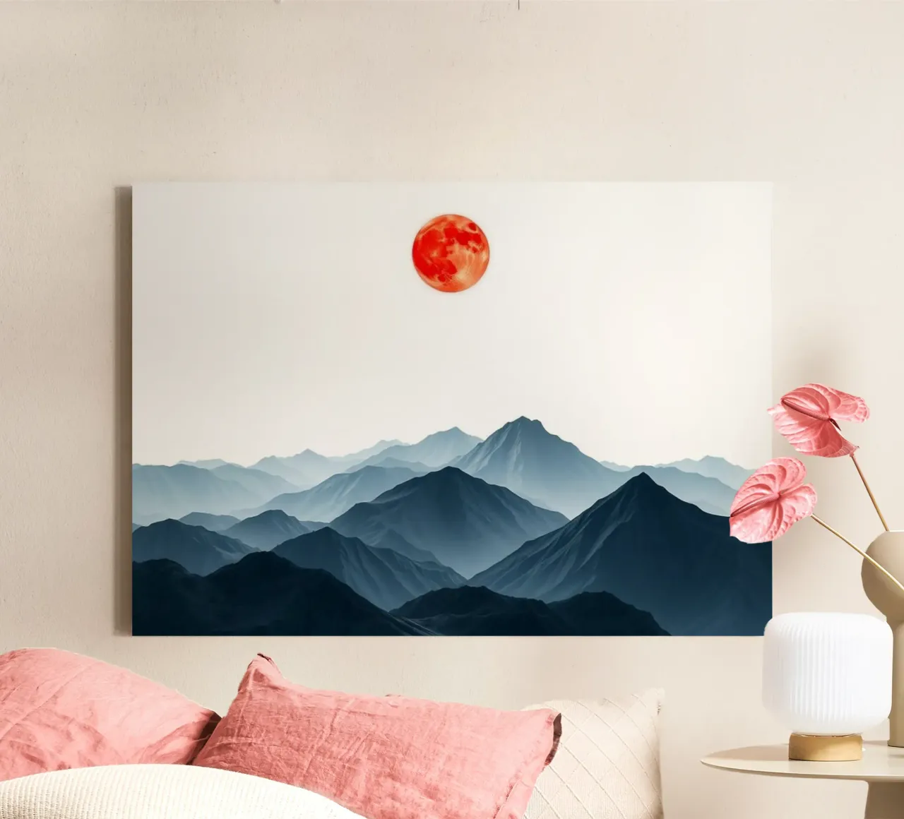 crimson moon, red moon, indigo mountains, mystical landscape canvas with Floater frame by Artistic-shop