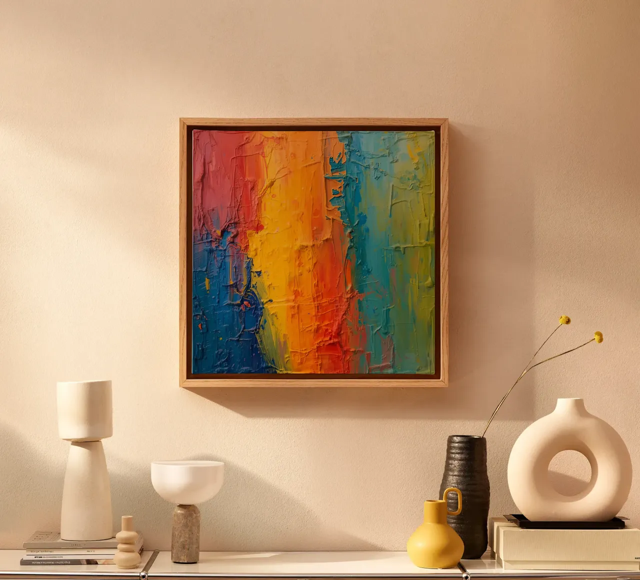 Abstract schilderij met gestructureerde kleurrijke verf canvas met Baklijst van DesignDoodle