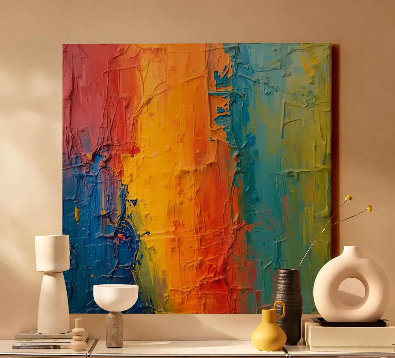 Abstract schilderij met gestructureerde kleurrijke verf canvas met Baklijst van DesignDoodle