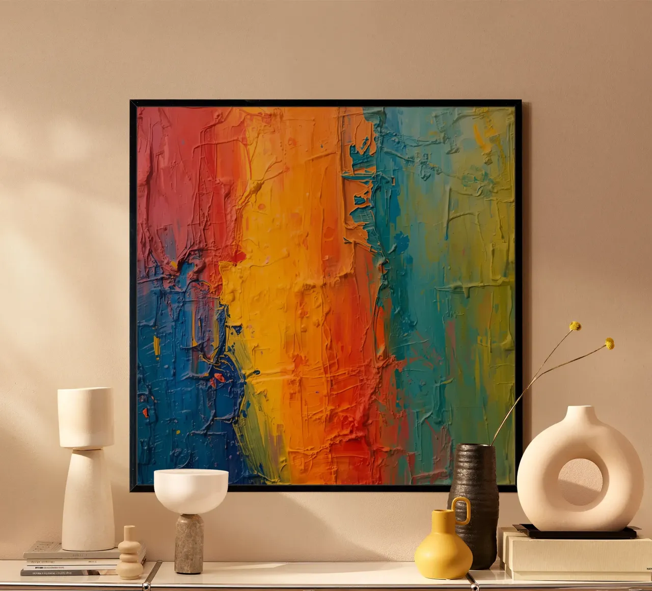Pittura astratta con vernice colorata e strutturata poster con telaio in alluminio da DesignDoodle