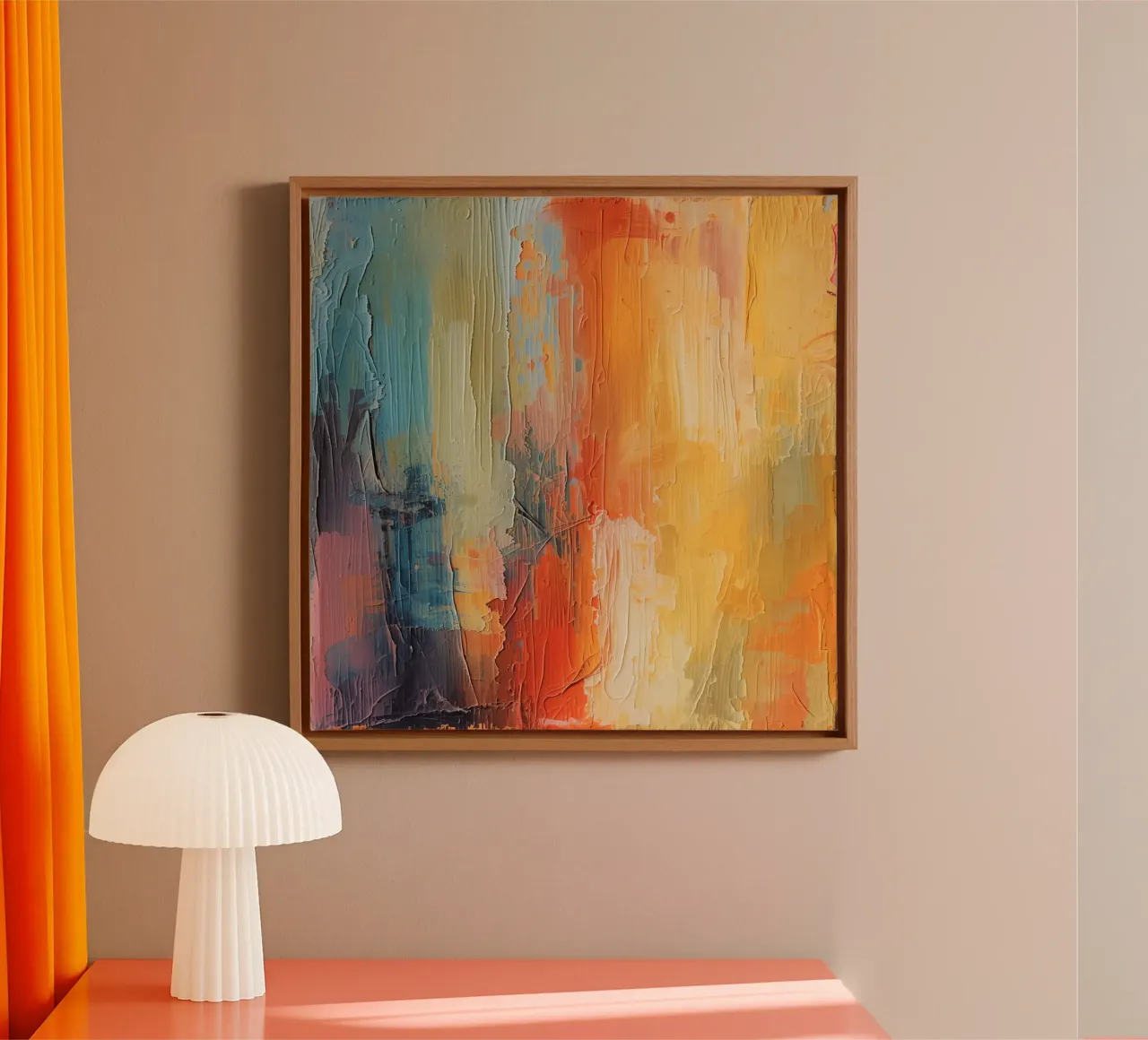 Abstract schilderij met verticale penseelstreken met structuur canvas met Baklijst van DesignDoodle
