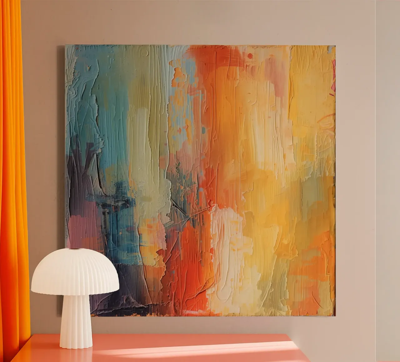 Abstract schilderij met verticale penseelstreken met structuur canvas met Baklijst van DesignDoodle