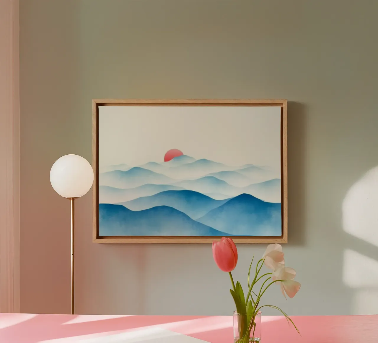 Ethereal Blue Mountains and Red Sun - Serene Watercolor Land canvas with Floater frame by Artistic-shop