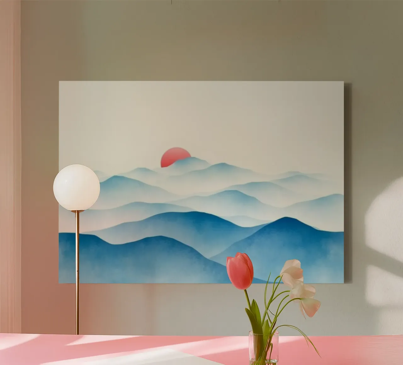 Ethereal Blue Mountains and Red Sun - Serene Watercolor Land canvas with Floater frame by Artistic-shop