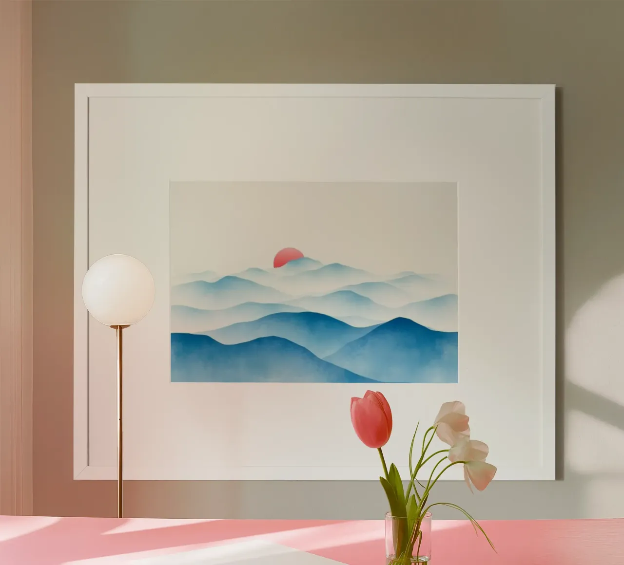 Montagne blu eteree e sole rosso - Terra serena ad acquerello poster con telaio in alluminio da Artistic-shop