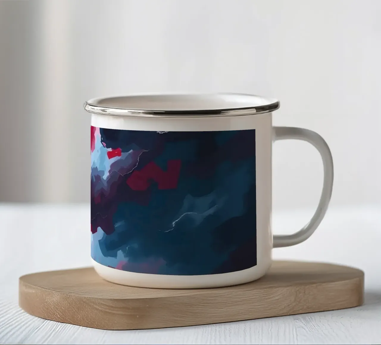 Paesaggio astratto rosso con figure in un cielo nuvoloso tazza in smalto da DesignDoodle