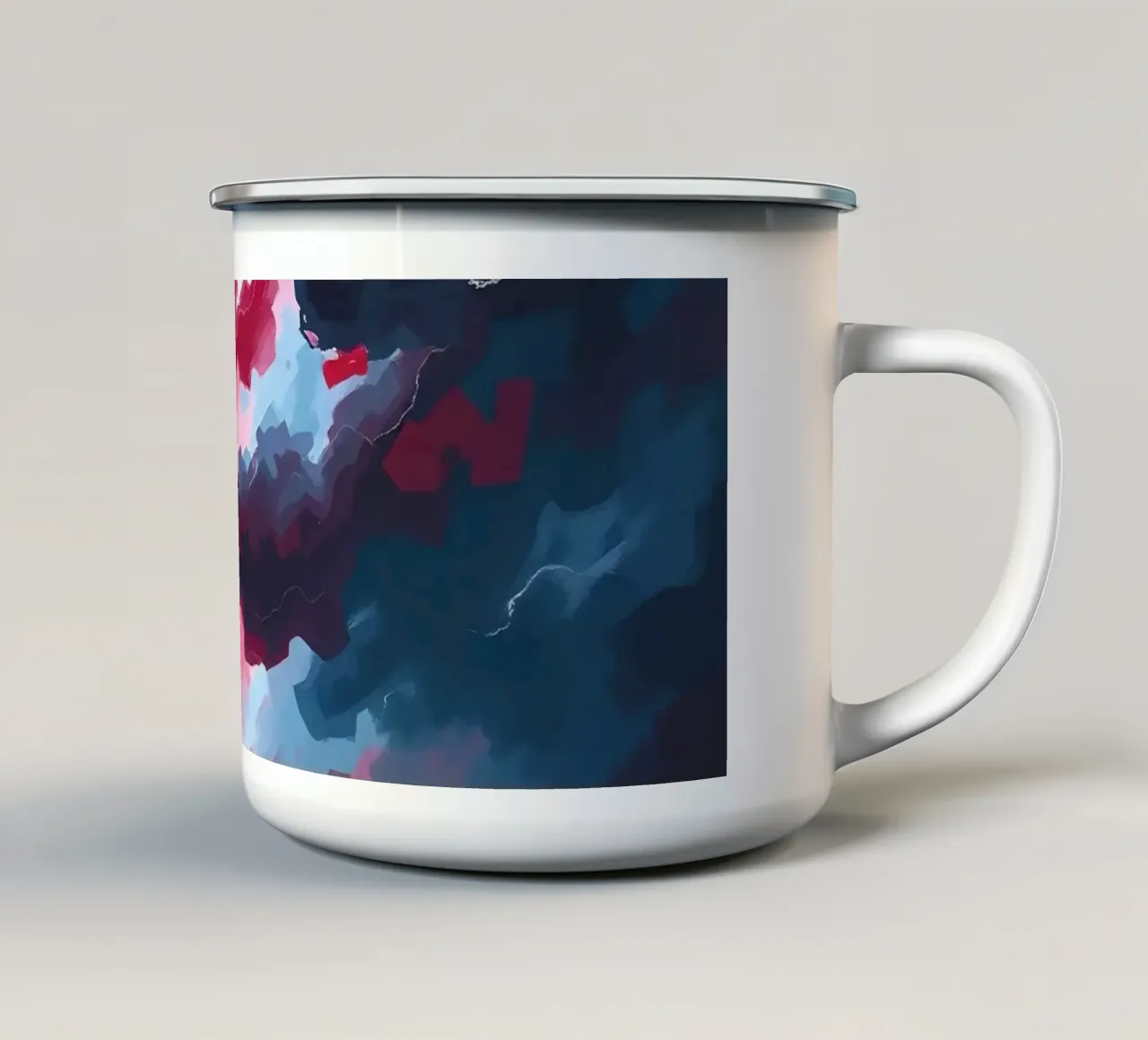 Paesaggio astratto rosso con figure in un cielo nuvoloso tazza in smalto da DesignDoodle