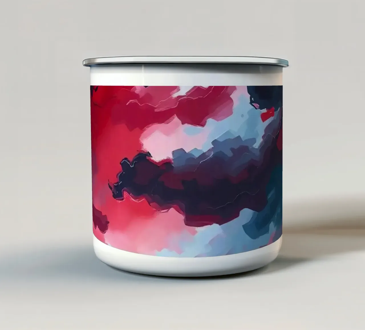 Paesaggio astratto rosso con figure in un cielo nuvoloso tazza in smalto da DesignDoodle