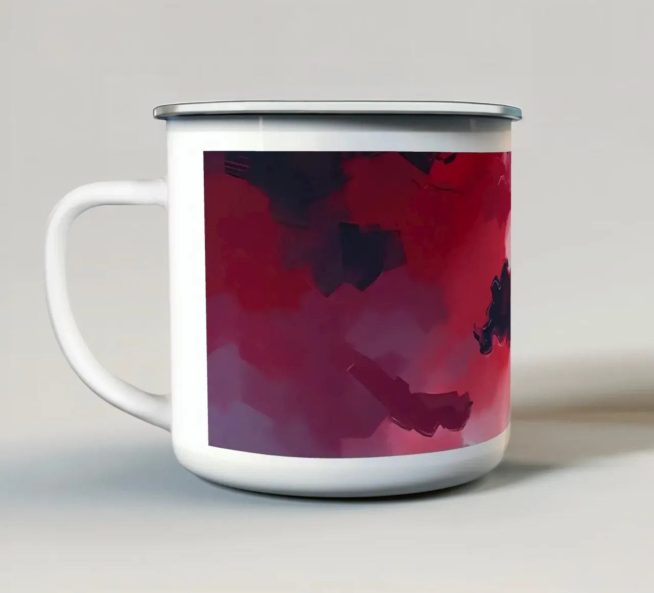 Paesaggio astratto rosso con figure in un cielo nuvoloso tazza in smalto da DesignDoodle