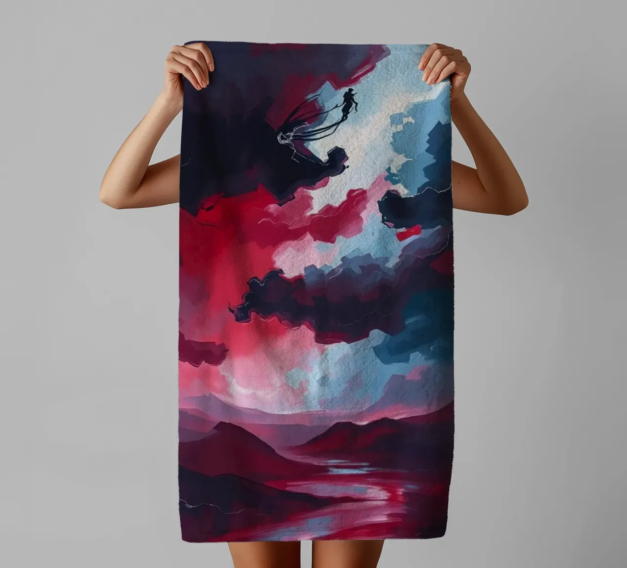 Abstract Red Landscape with Figures in Cloudy Sky towel by DesignDoodle