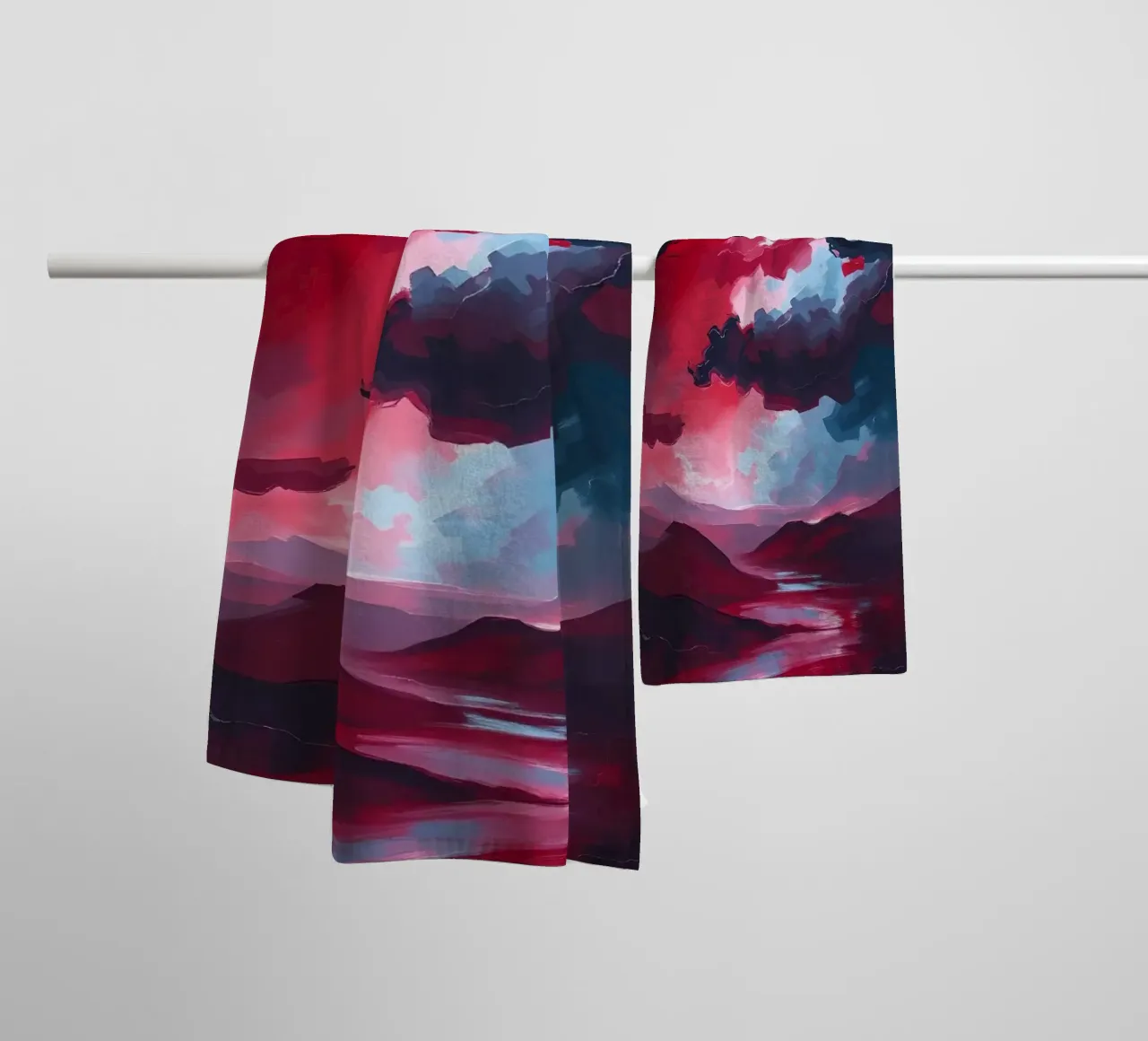 Abstract Red Landscape with Figures in Cloudy Sky towel by DesignDoodle