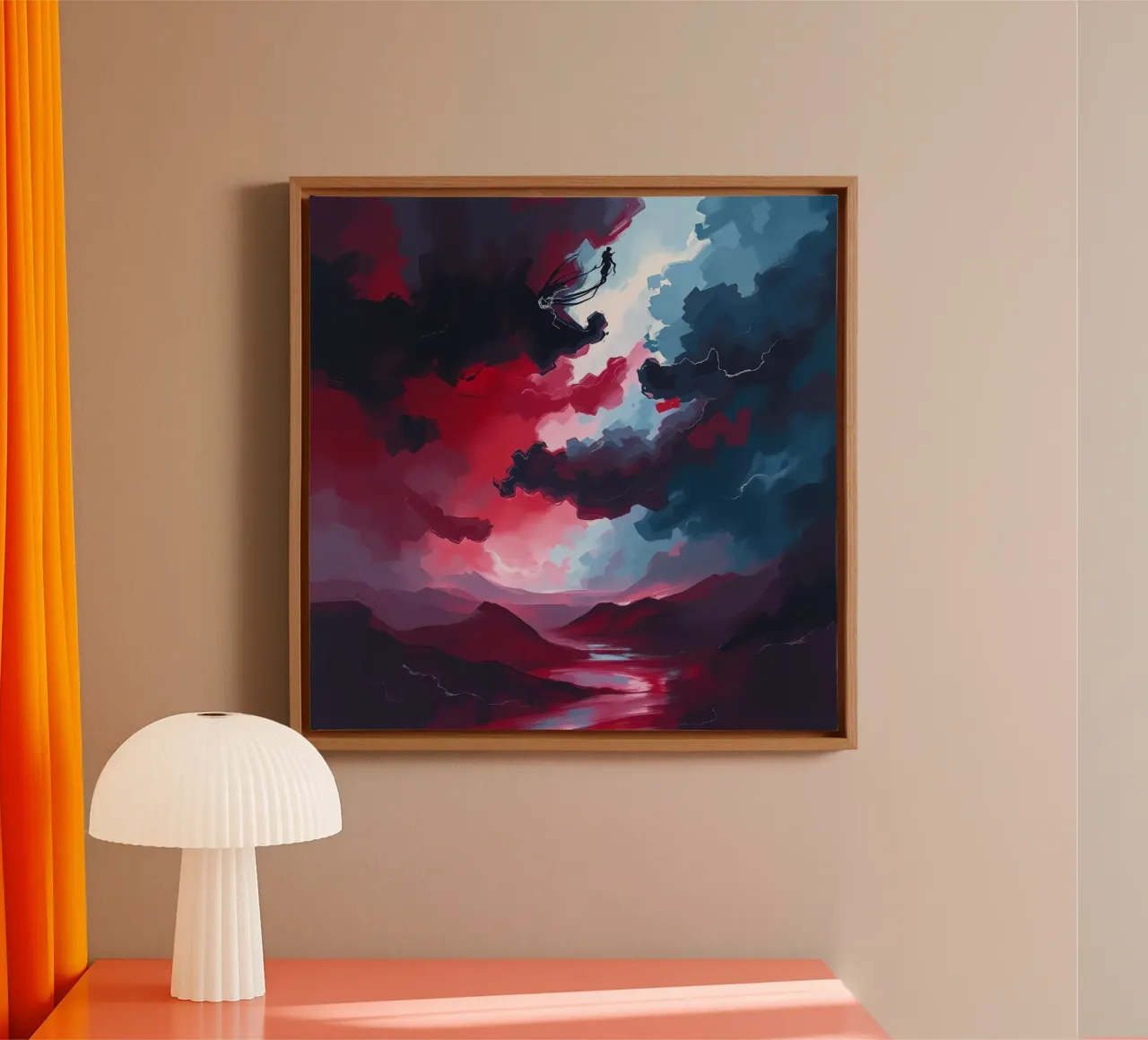 Abstract Red Landscape with Figures in Cloudy Sky canvas with Floater frame by DesignDoodle
