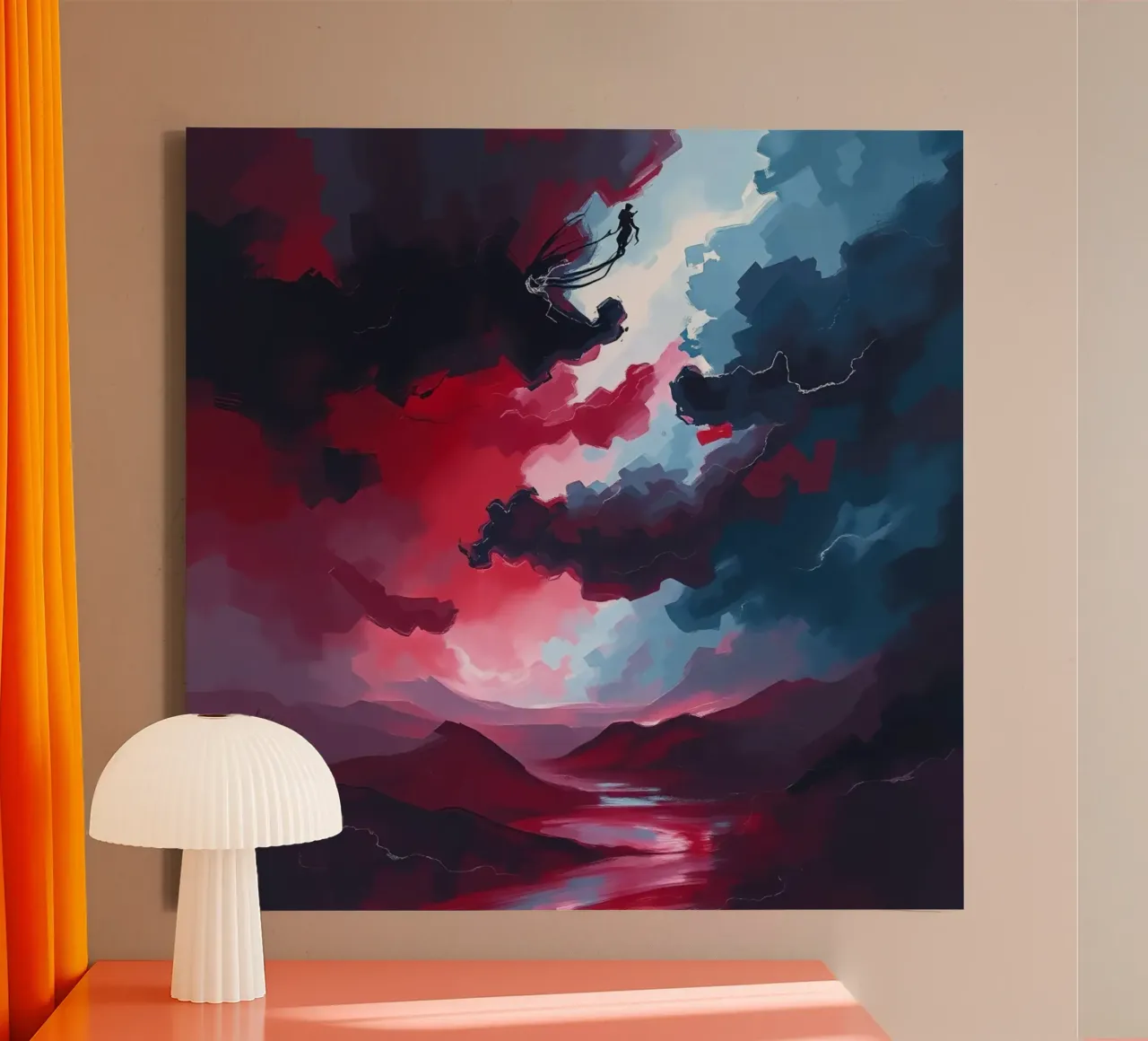Abstract Red Landscape with Figures in Cloudy Sky canvas with Floater frame by DesignDoodle