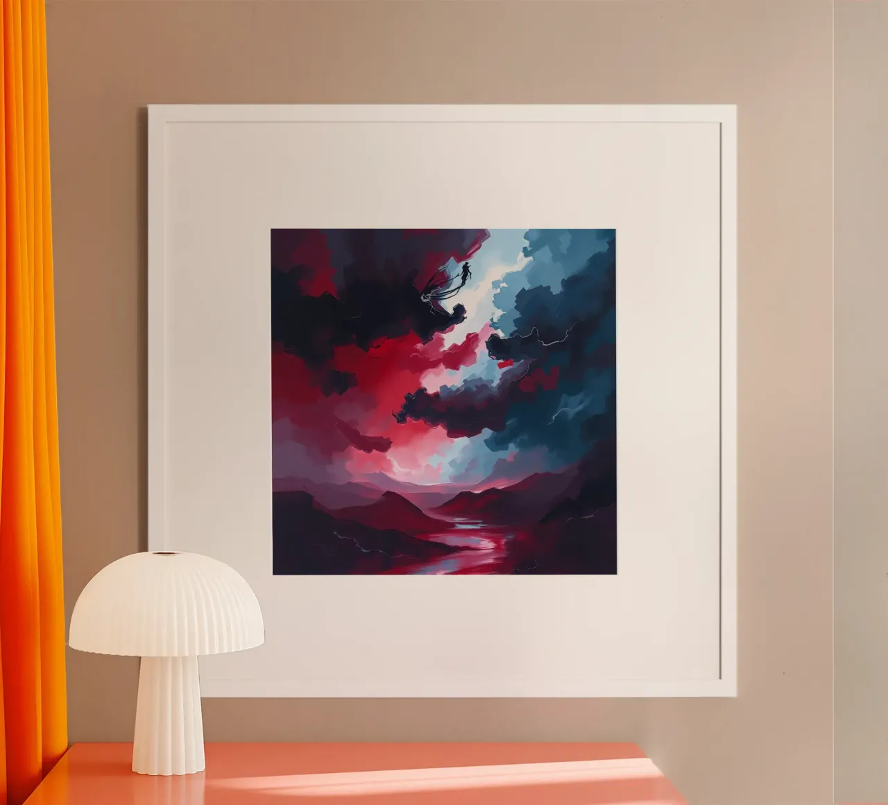 Paesaggio astratto rosso con figure in un cielo nuvoloso poster da DesignDoodle