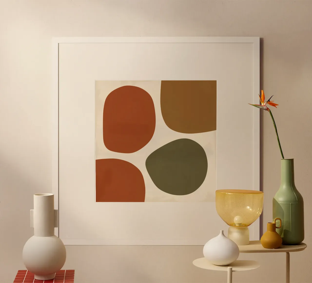Forme astratte in marrone, arancione e verde poster con telaio in plastica da DesignDoodle