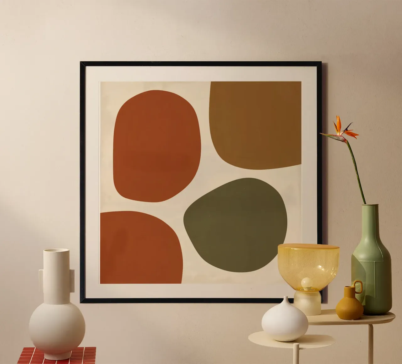 Forme astratte in marrone, arancione e verde poster con telaio in plastica da DesignDoodle