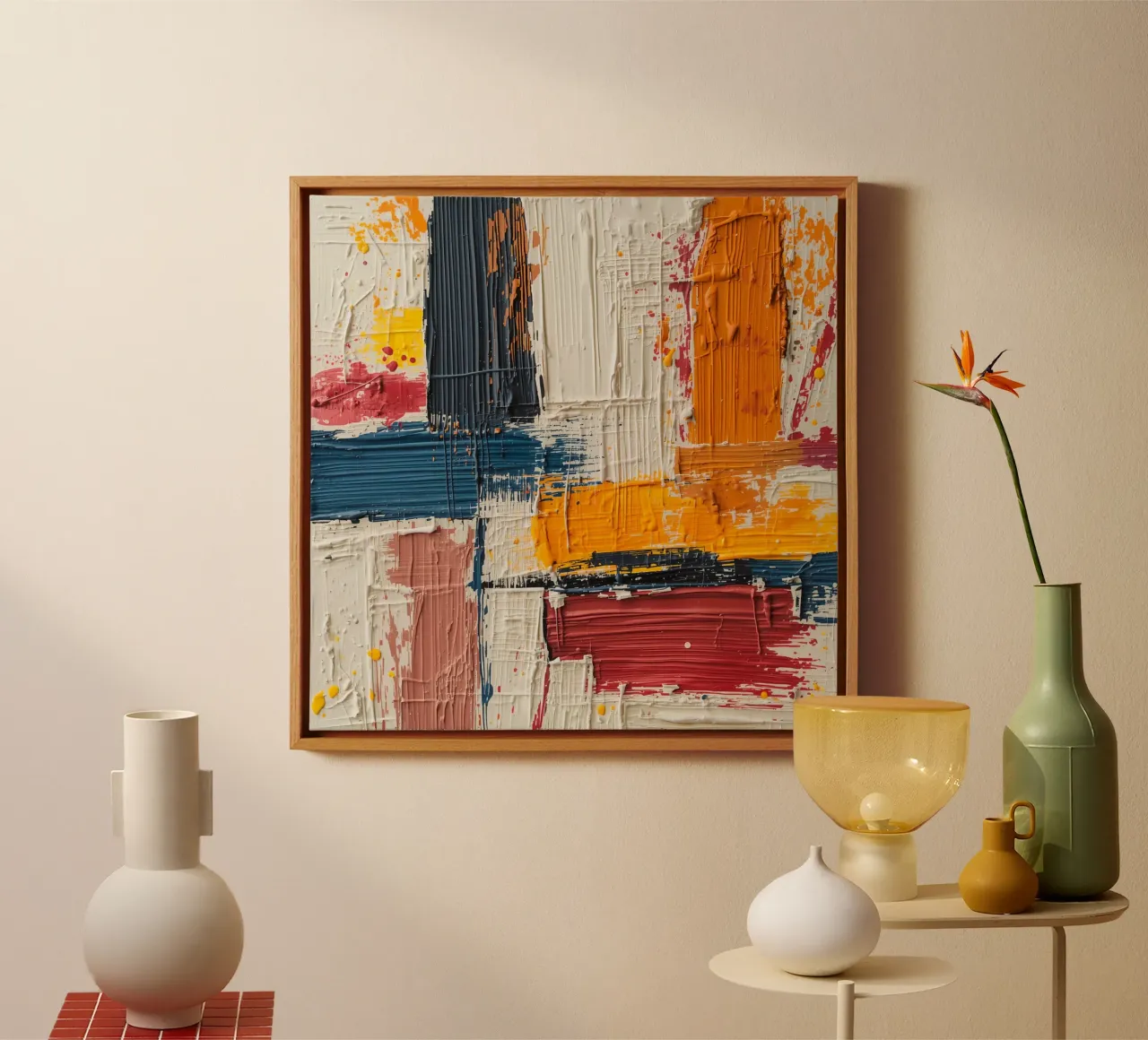 Abstract vierkant schilderij met gestructureerde kleurblokken canvas met Baklijst van DesignDoodle