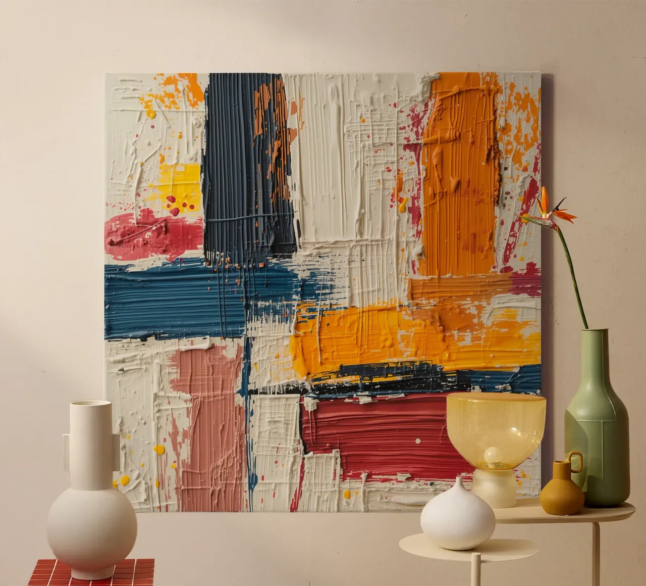 Abstract vierkant schilderij met gestructureerde kleurblokken canvas met Baklijst van DesignDoodle