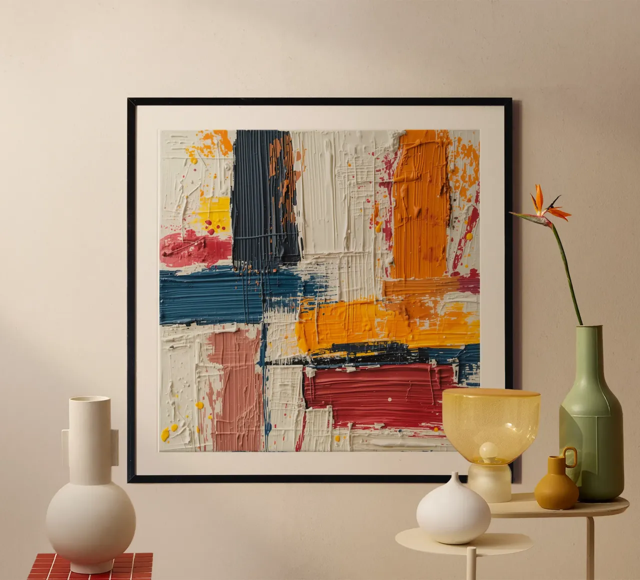Pittura quadrata astratta con blocchi di colore strutturati poster con telaio in alluminio da DesignDoodle
