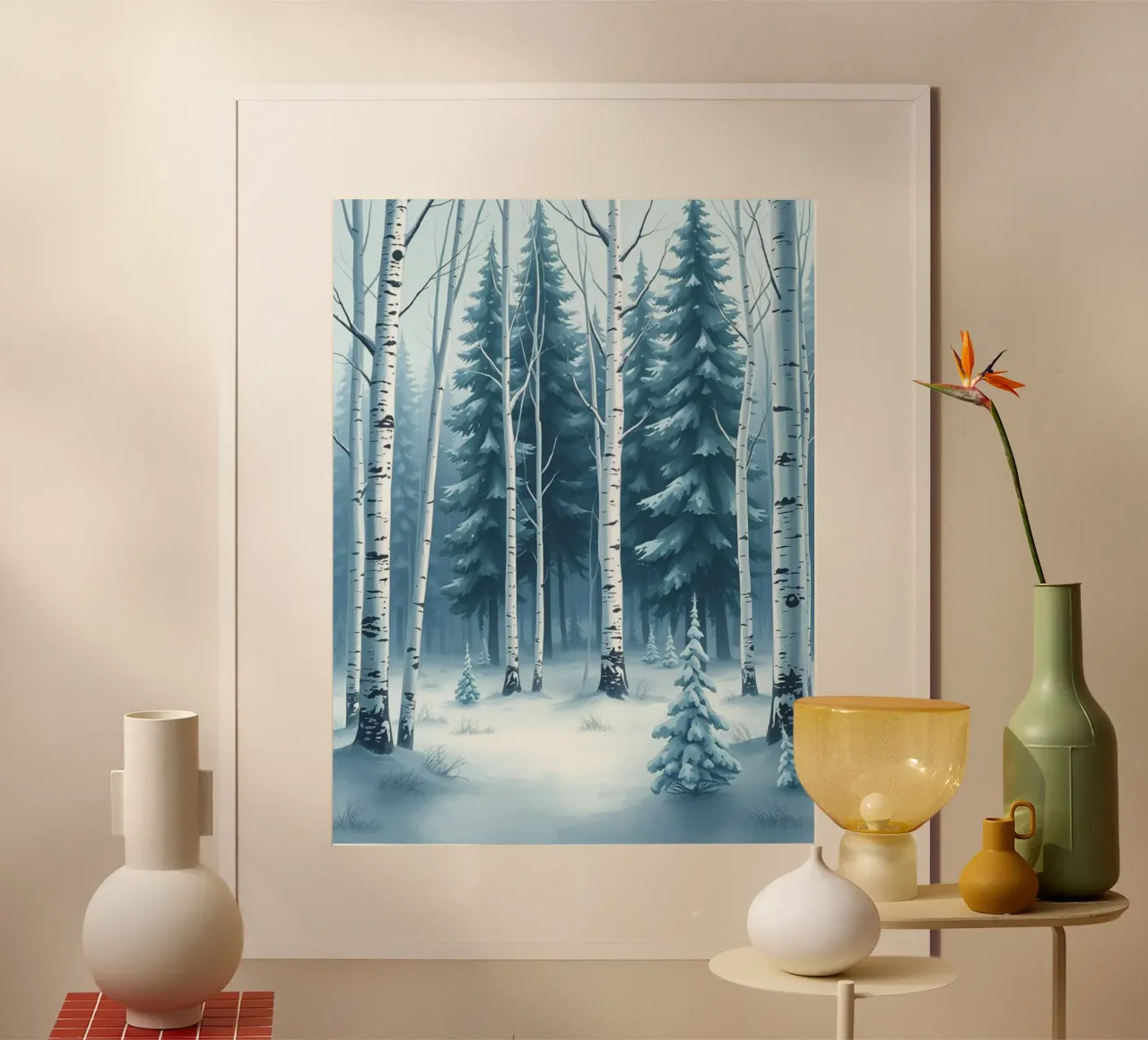 Un sereno paese delle meraviglie invernale: Una foresta innevata di querce e di querce poster con telaio in legno da Artistic-shop
