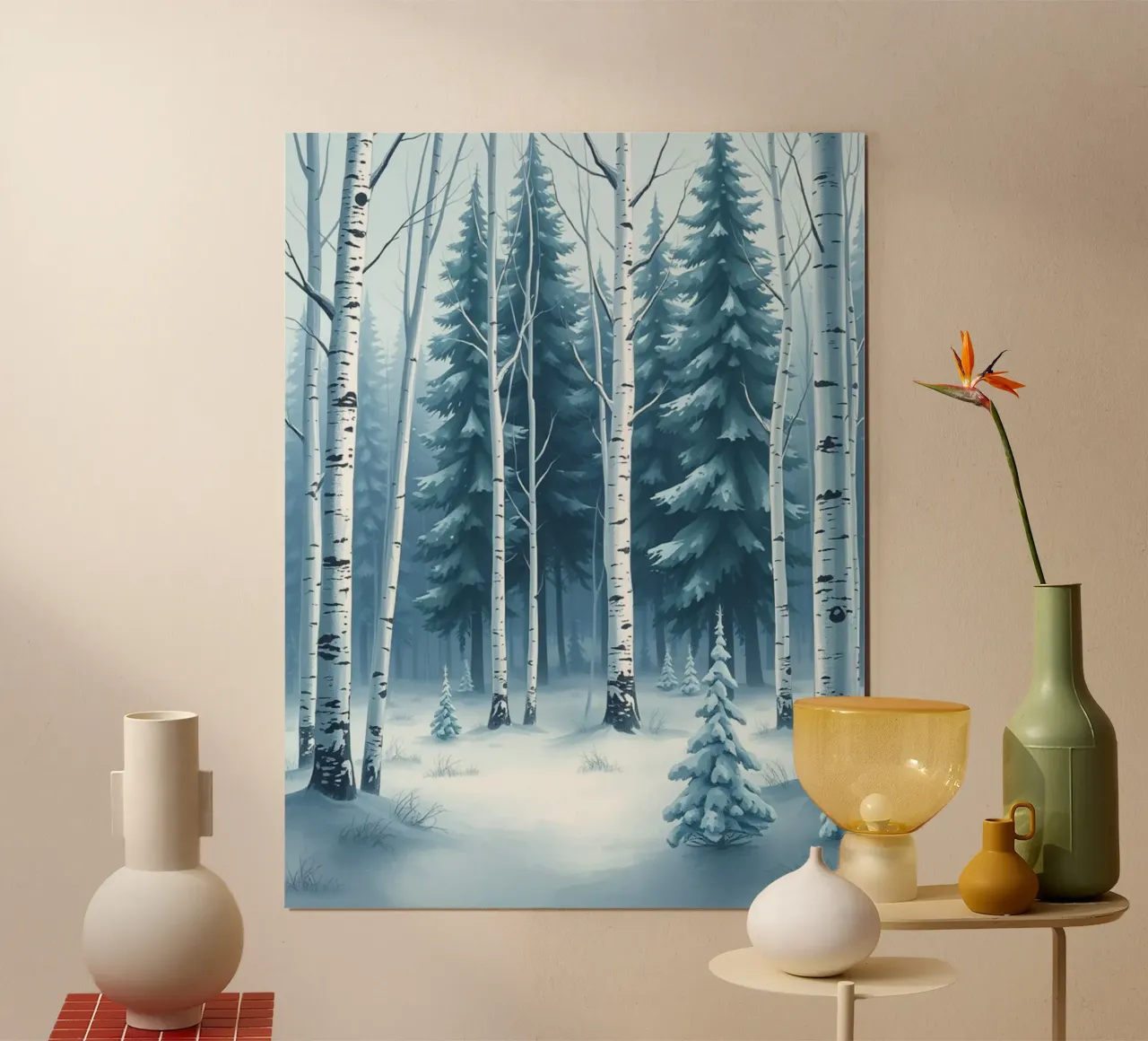 Un sereno paese delle meraviglie invernale: Una foresta innevata di querce e di querce poster con telaio in legno da Artistic-shop