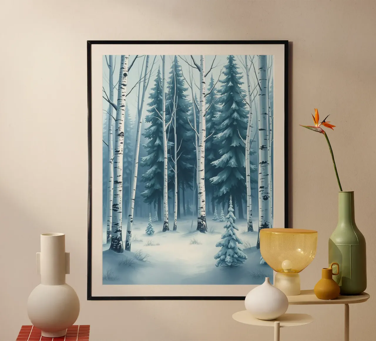 Un sereno paese delle meraviglie invernale: Una foresta innevata di querce e di querce poster con telaio in legno da Artistic-shop