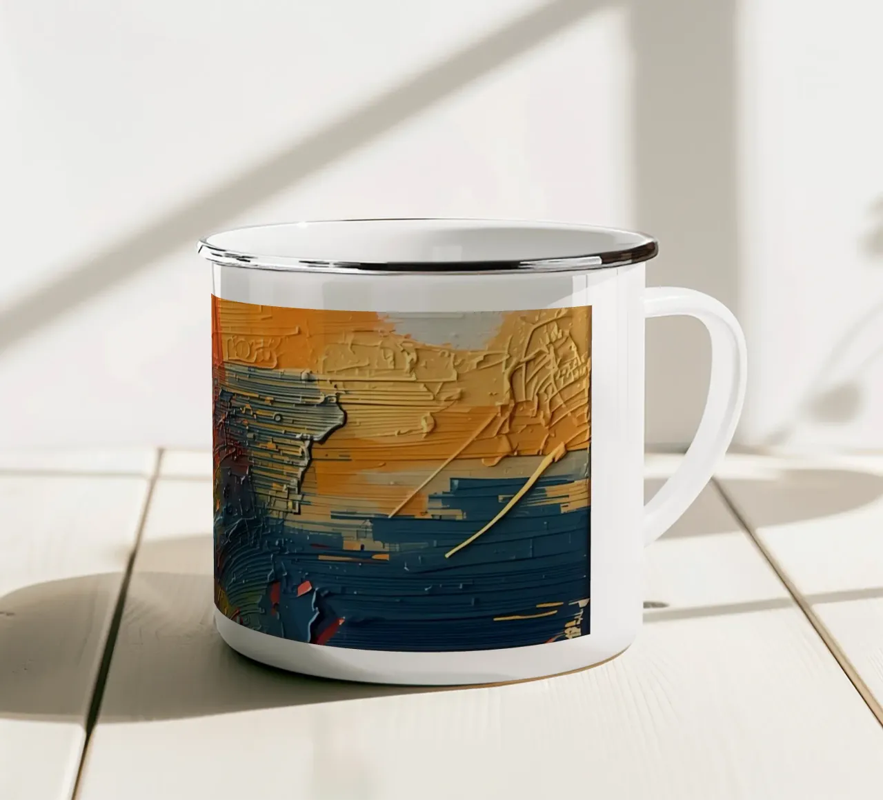 Pittura astratta con texture arancione, giallo, rosa e blu. tazza in smalto da DesignDoodle