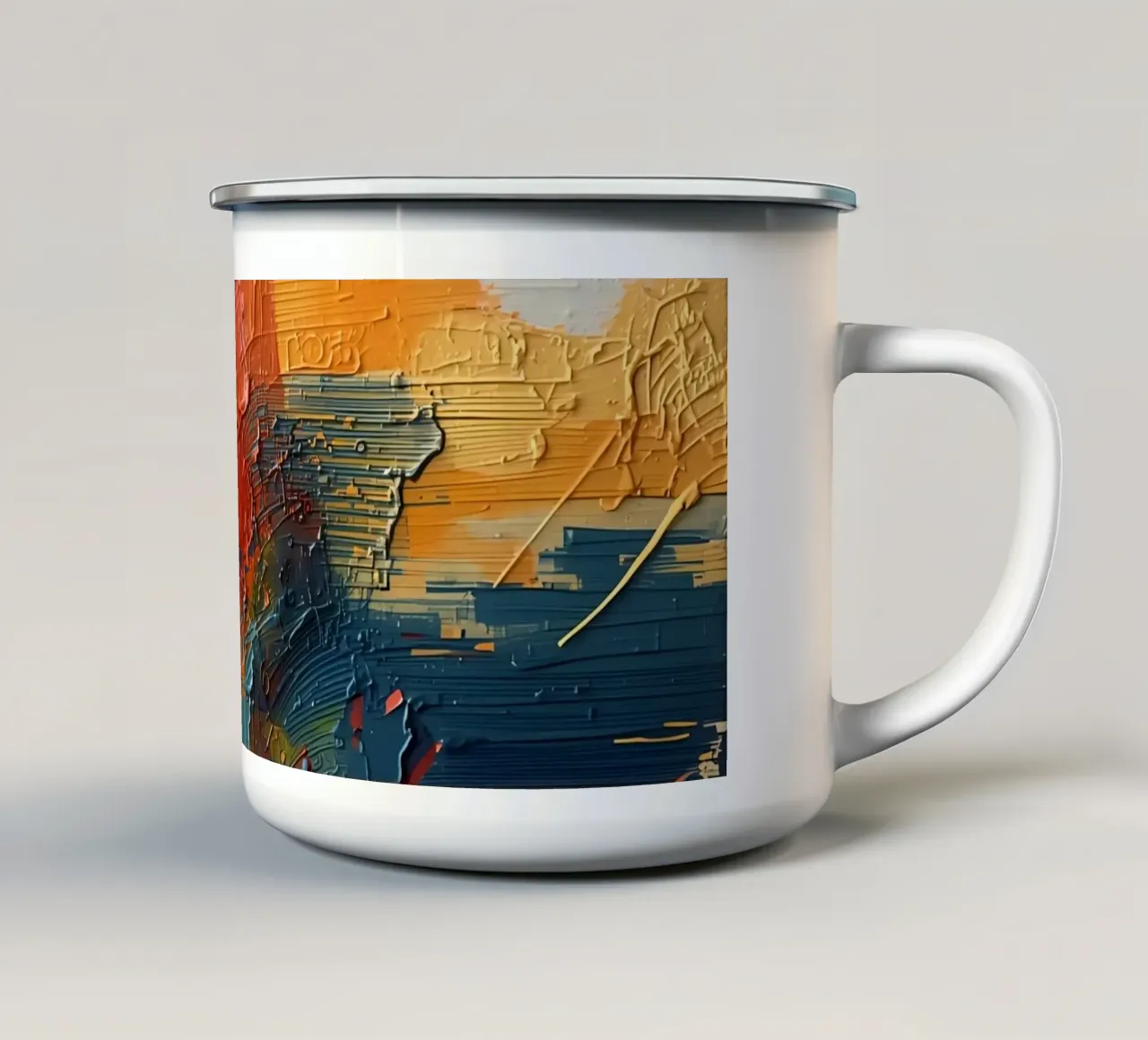 Pittura astratta con texture arancione, giallo, rosa e blu. tazza in smalto da DesignDoodle