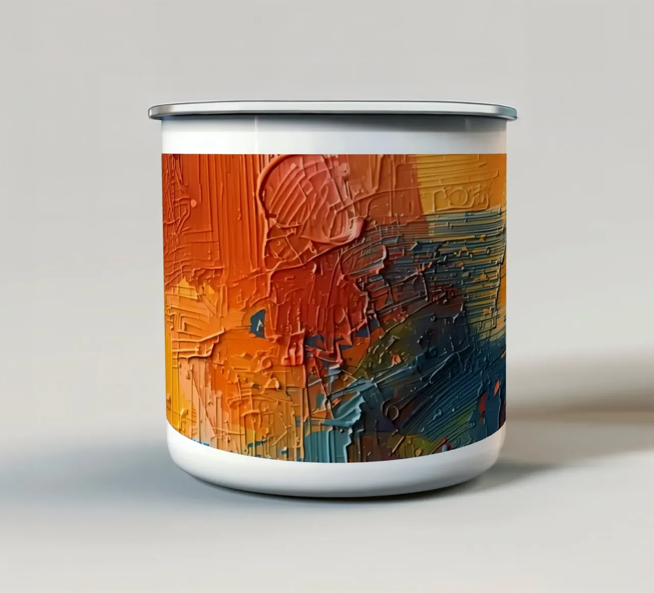 Pittura astratta con texture arancione, giallo, rosa e blu. tazza in smalto da DesignDoodle