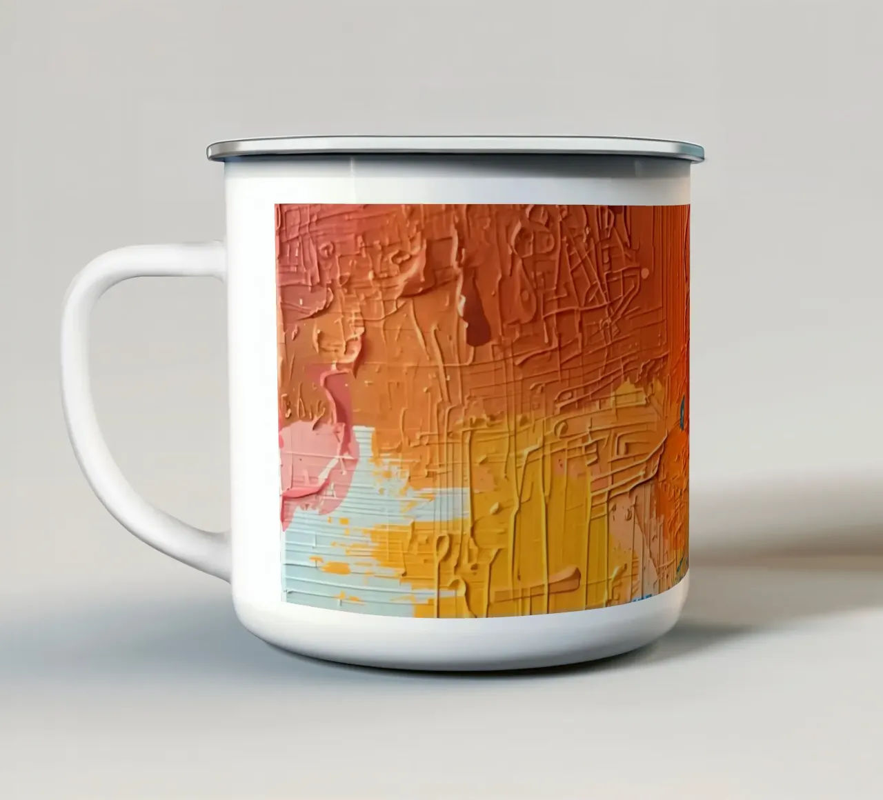 Pittura astratta con texture arancione, giallo, rosa e blu. tazza in smalto da DesignDoodle
