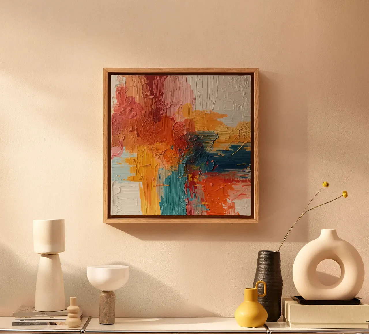 Abstract Structuurschilderij met Oranje Geel Roze Blauw en canvas met Baklijst van DesignDoodle