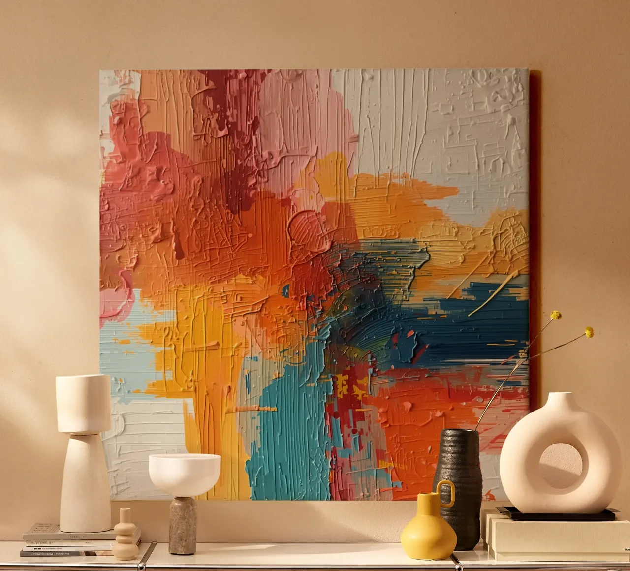 Abstract Structuurschilderij met Oranje Geel Roze Blauw en canvas met Baklijst van DesignDoodle