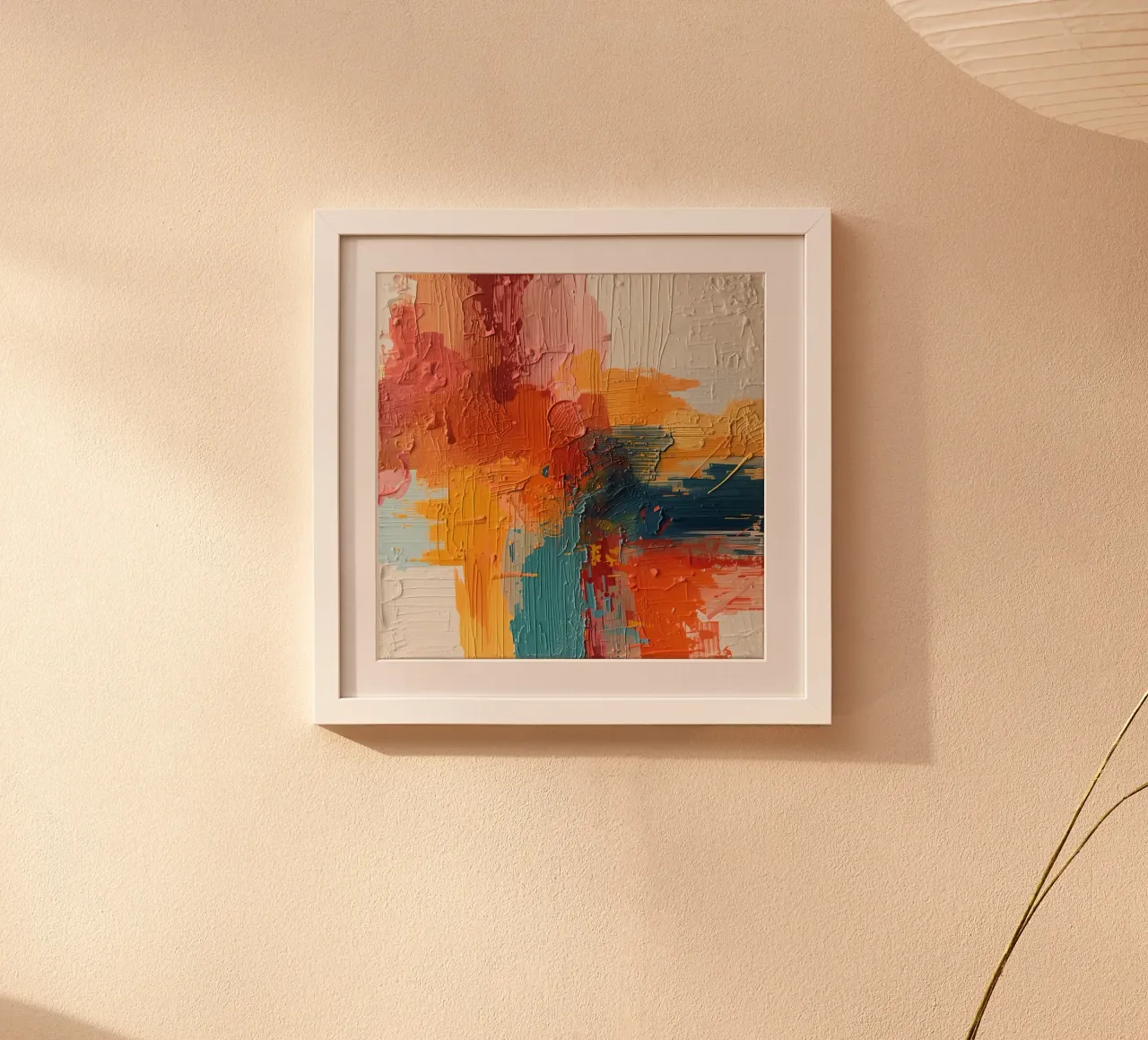 Pittura astratta con texture arancione, giallo, rosa e blu. poster con telaio in alluminio da DesignDoodle